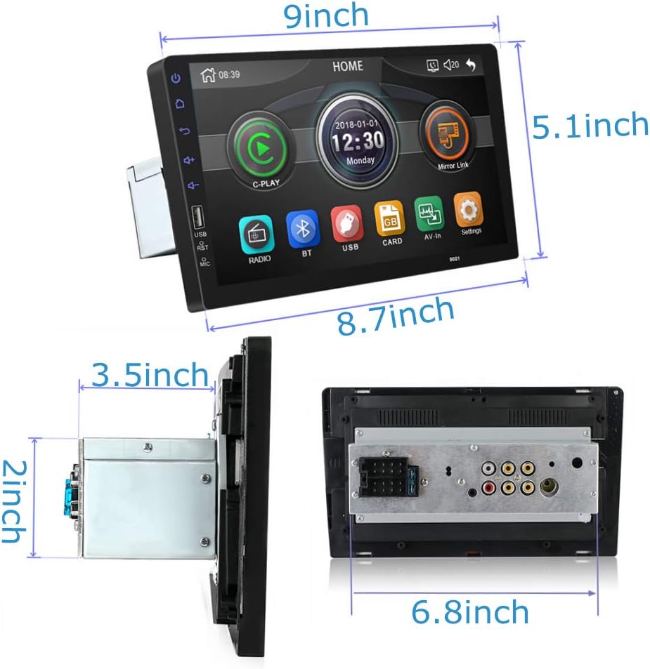 9 Inch Single Din Car Stereo Touch Screen with Mirror Link Backup Camera Bluetooth FM Radio AUX/USB/TF MP3/MP4/MP5 Player T99324
