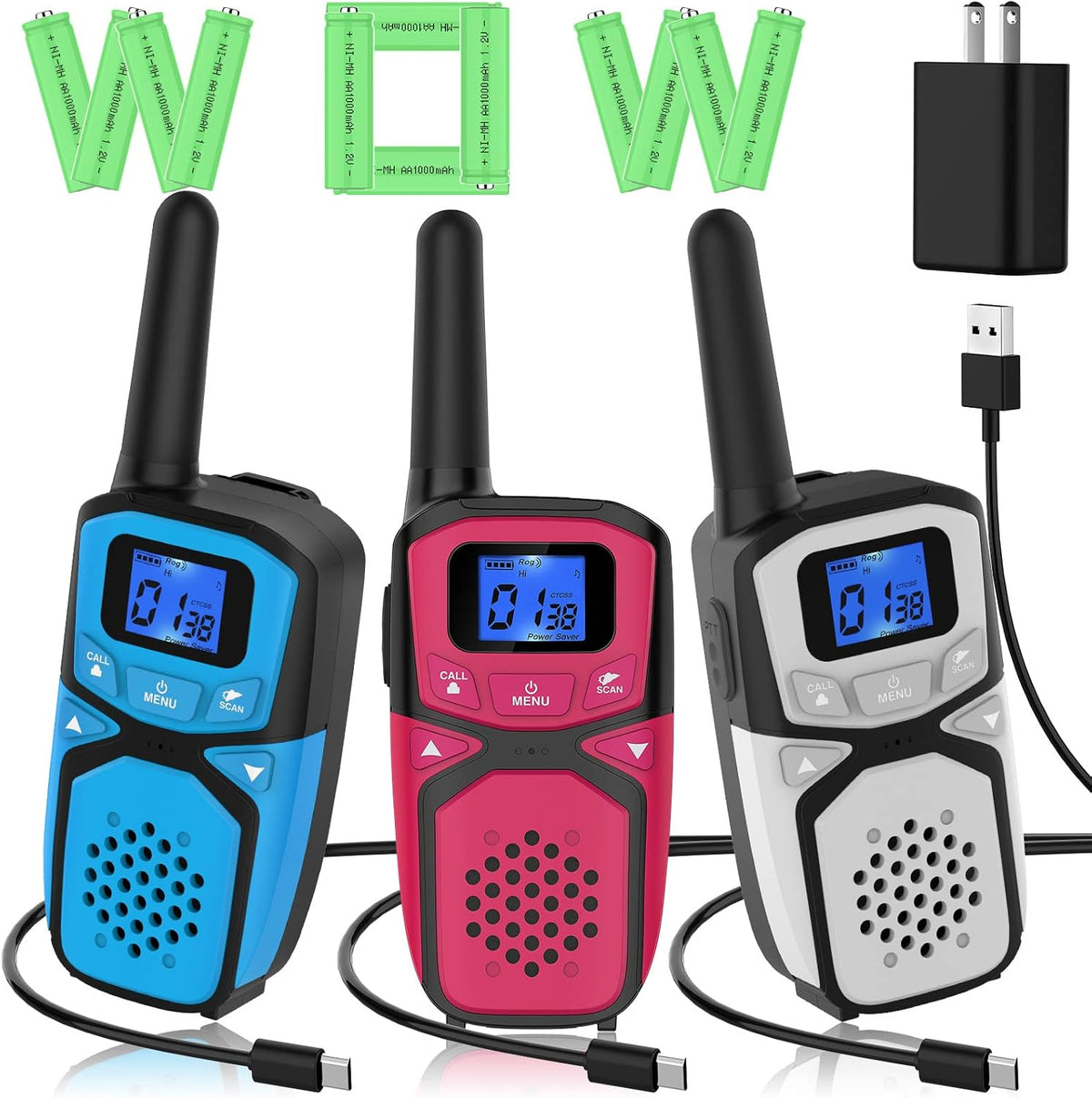 4 Pack Rechargeable Walkie Talkie, 3 Miles Range (Blue Pink Green Orange) R20114
