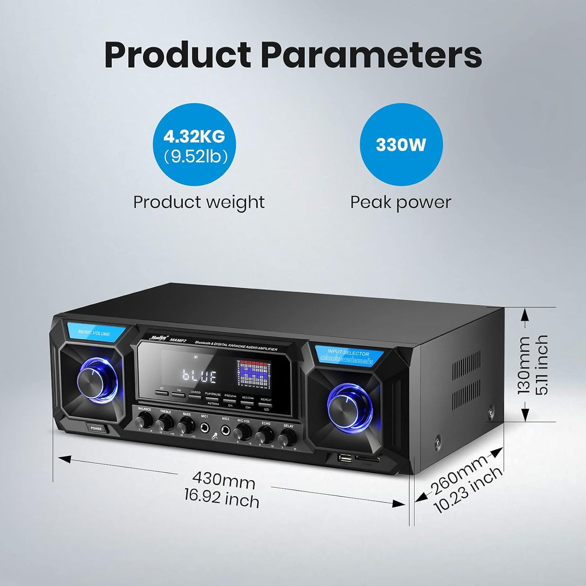 Bluetooth 5.0 330W 2 Channel Stereo Receiver with USB/SD, RCA/3.5mm AUX, LED, Remote A66479