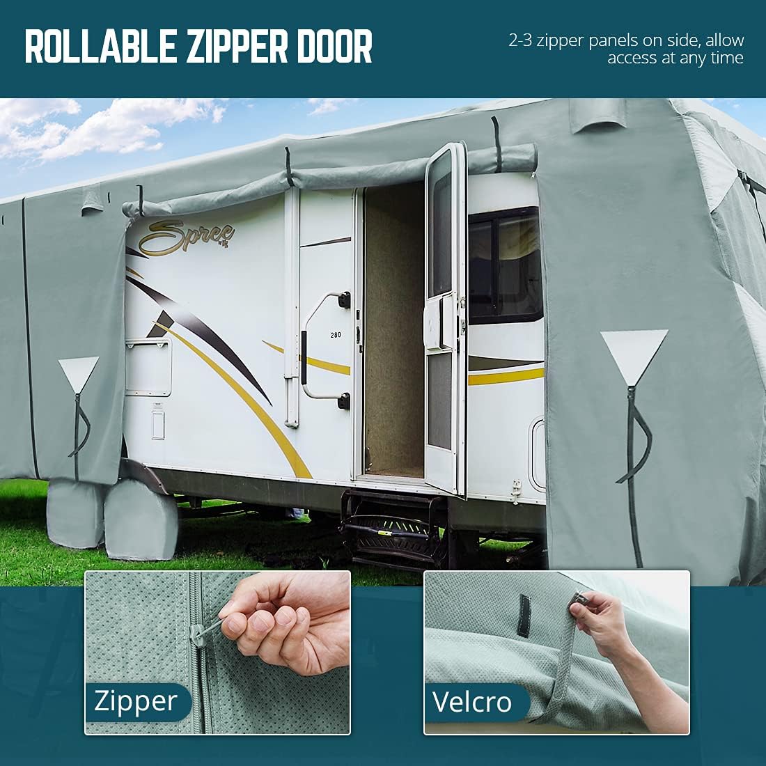 Extra-Thick 5 Layers Waterproof RV Cover with 2Pcs Straps & 4 Tire Covers P988