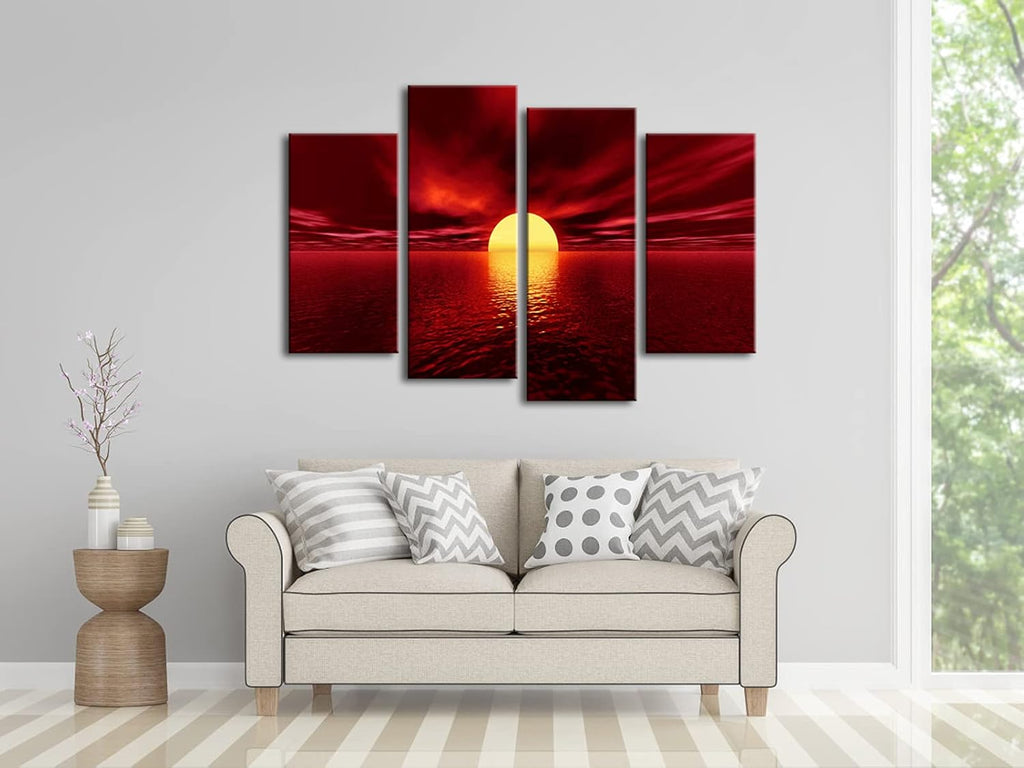 Red Sea Sun Paintings 4 Piece Large Stretched Framed Seascape Ocean Beach Canvas Art Y92912