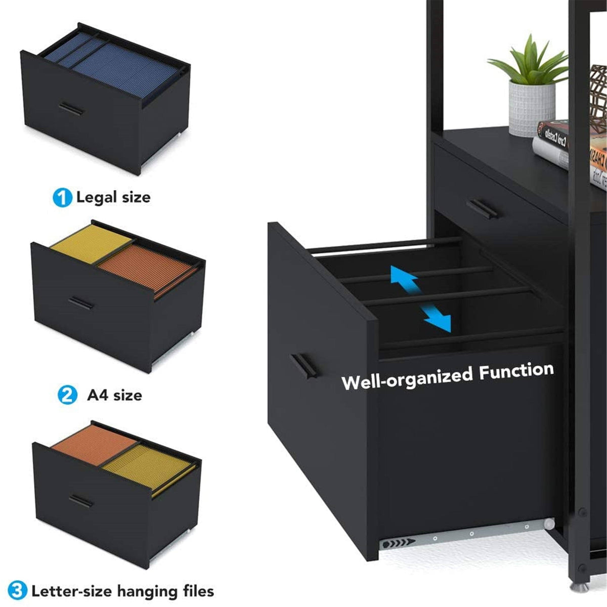 Black Bookcase with 2 Drawers Storage Cabinet Display Shelves A804133