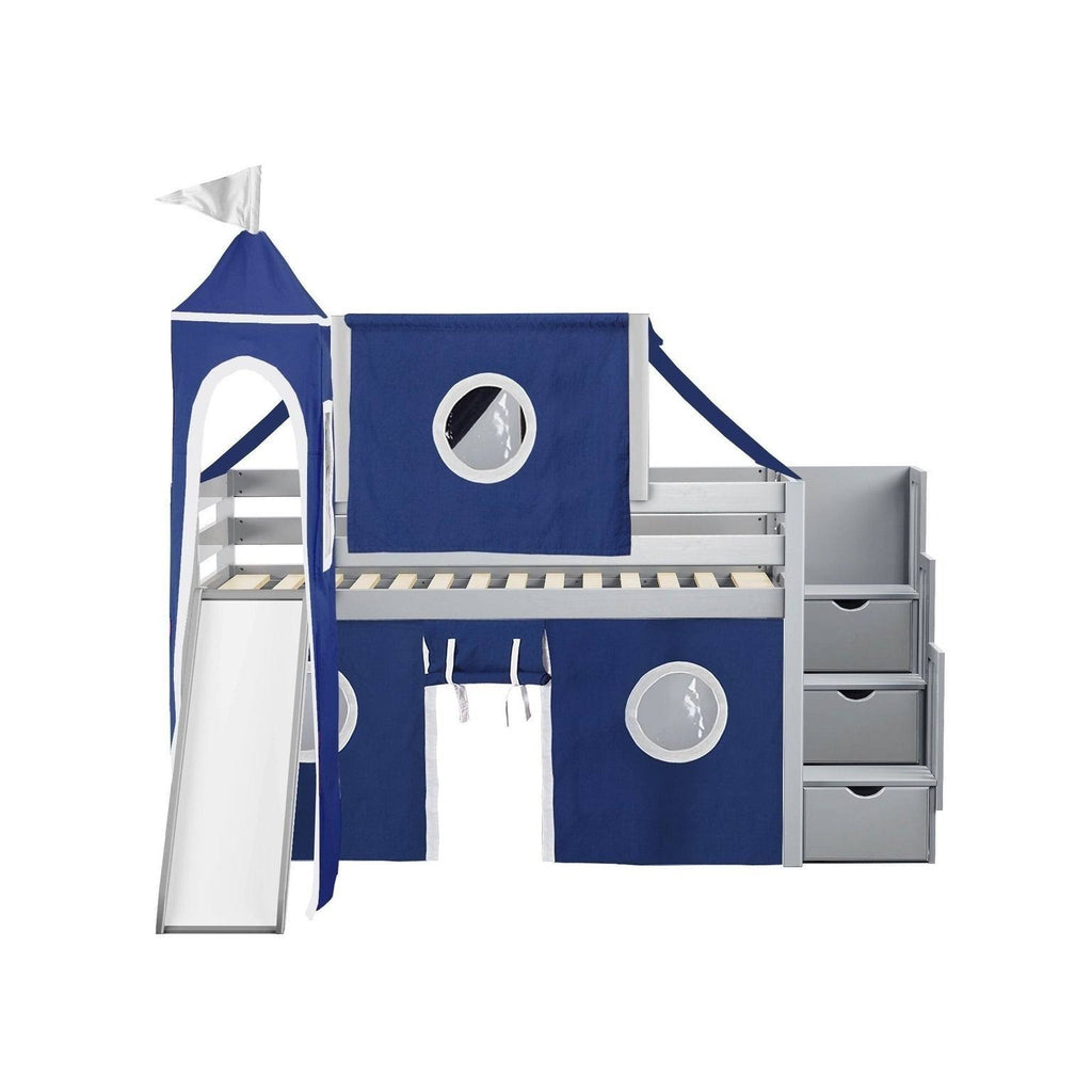 Gray Low Loft Twin Stairway Bed with Slide N617004