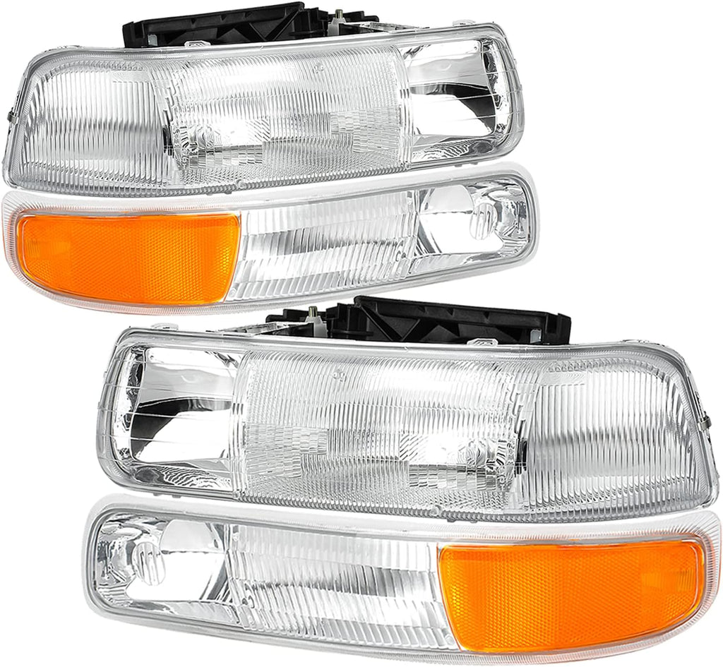 Chrome Housing Clear Lens Headlights with Bumper Lights Assembly Set Pack of 2 S7924
