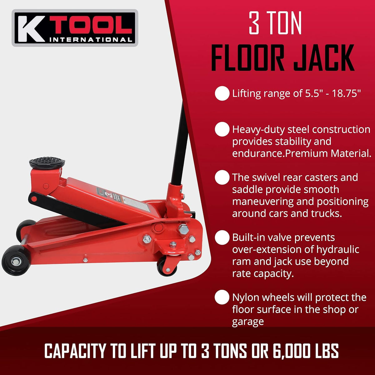 3 Ton Compact Floor Jack with Swivel Rear Casters E15384