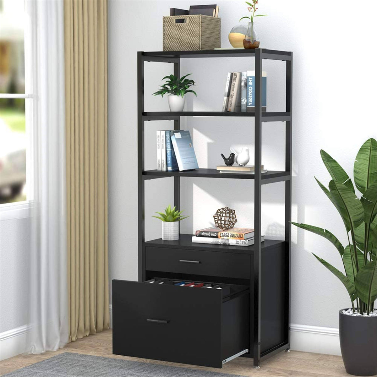 Black Bookcase with 2 Drawers Storage Cabinet Display Shelves A804133