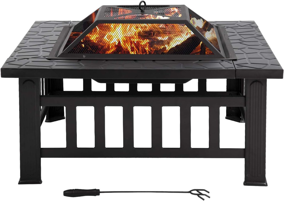 32 inch Square Metal Fire Pit with Poker Mesh Cover and Charcoal Rack H552239
