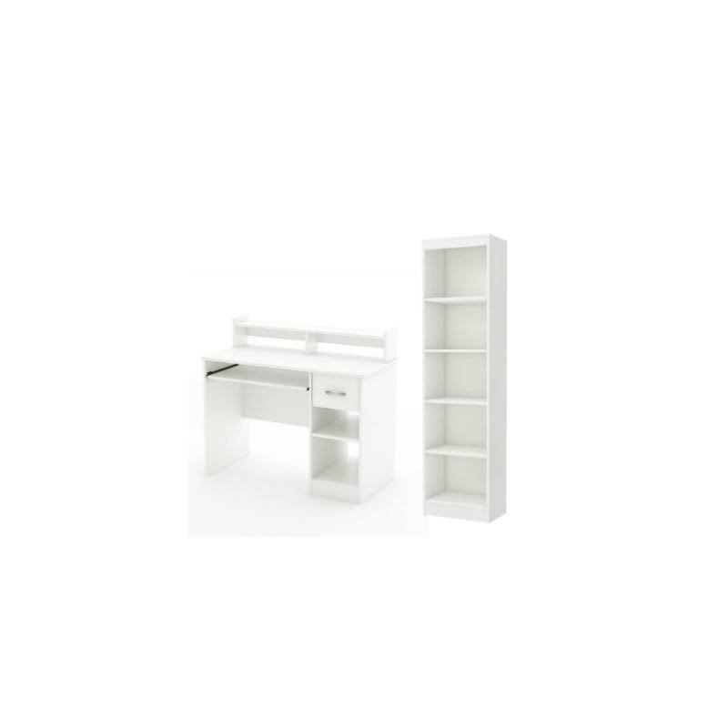 White Desk with Keyboard Tray and 5-Shelf Narrow Bookcase Set P235