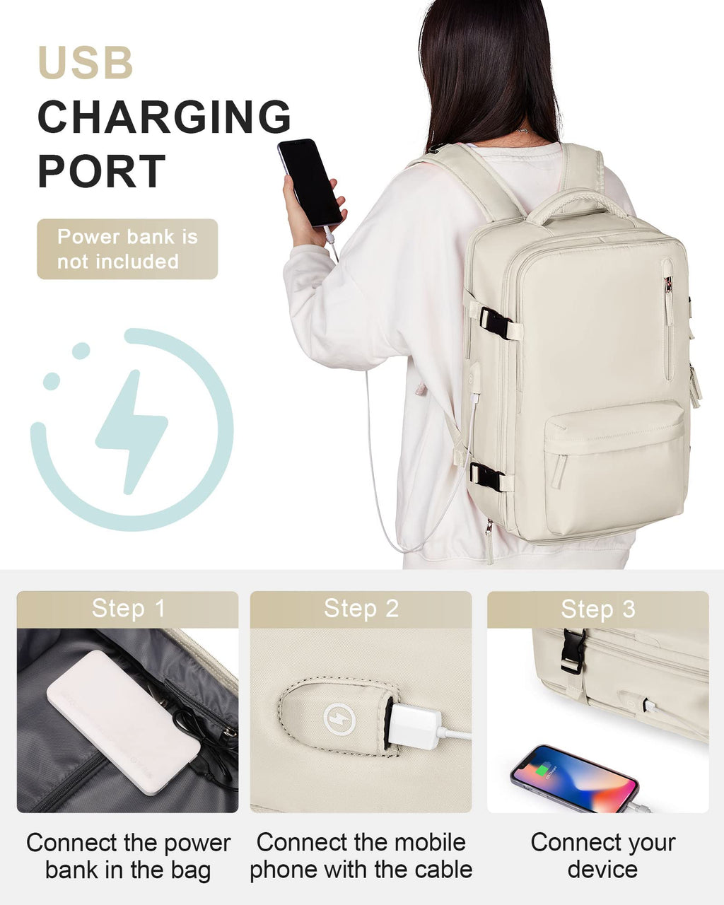 Beige Waterproof 14 Inch Laptop Travel Backpack with Shoe Compartment R3083