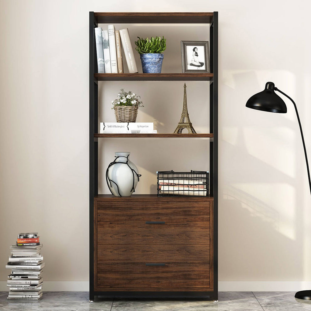 Black Bookcase with 2 Drawers Storage Cabinet Display Shelves A804133