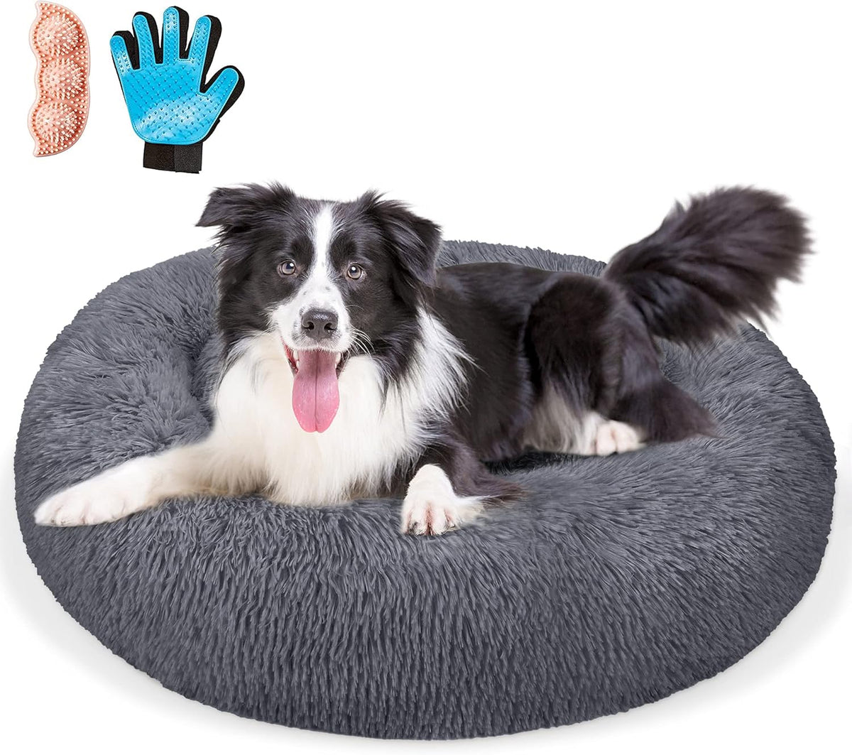 Navy Grey Faux Fur Donut Pet Bed J436