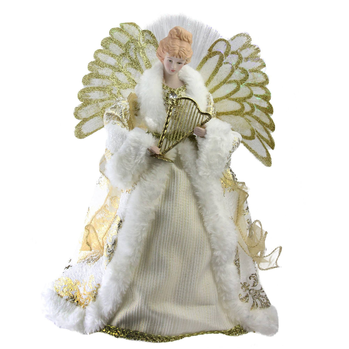 12x22 Lighted Fiber Optic Angel in Gold and Cream Gown with Harp Christmas Tree Topper G5462
