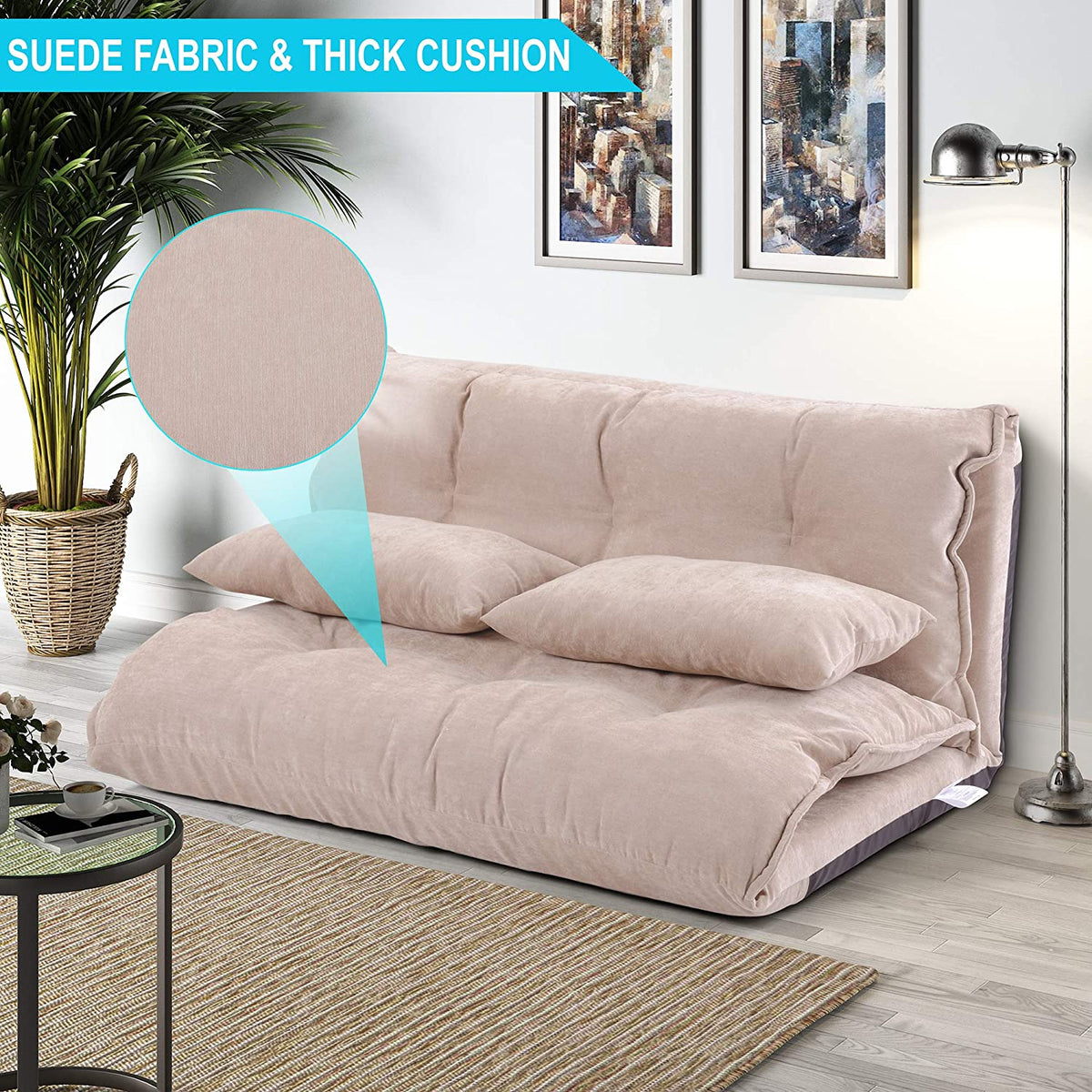 Beige Adjustable Floor Sofa Bed with 2 Pillows O50120