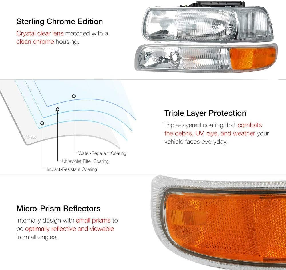 Chrome Housing Clear Lens Headlights with Bumper Lights Assembly Set Pack of 2 S7924