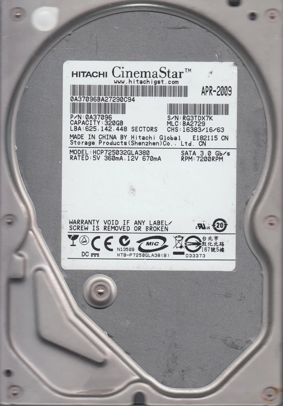 320GB SATA 3.5 Hard Drive H489