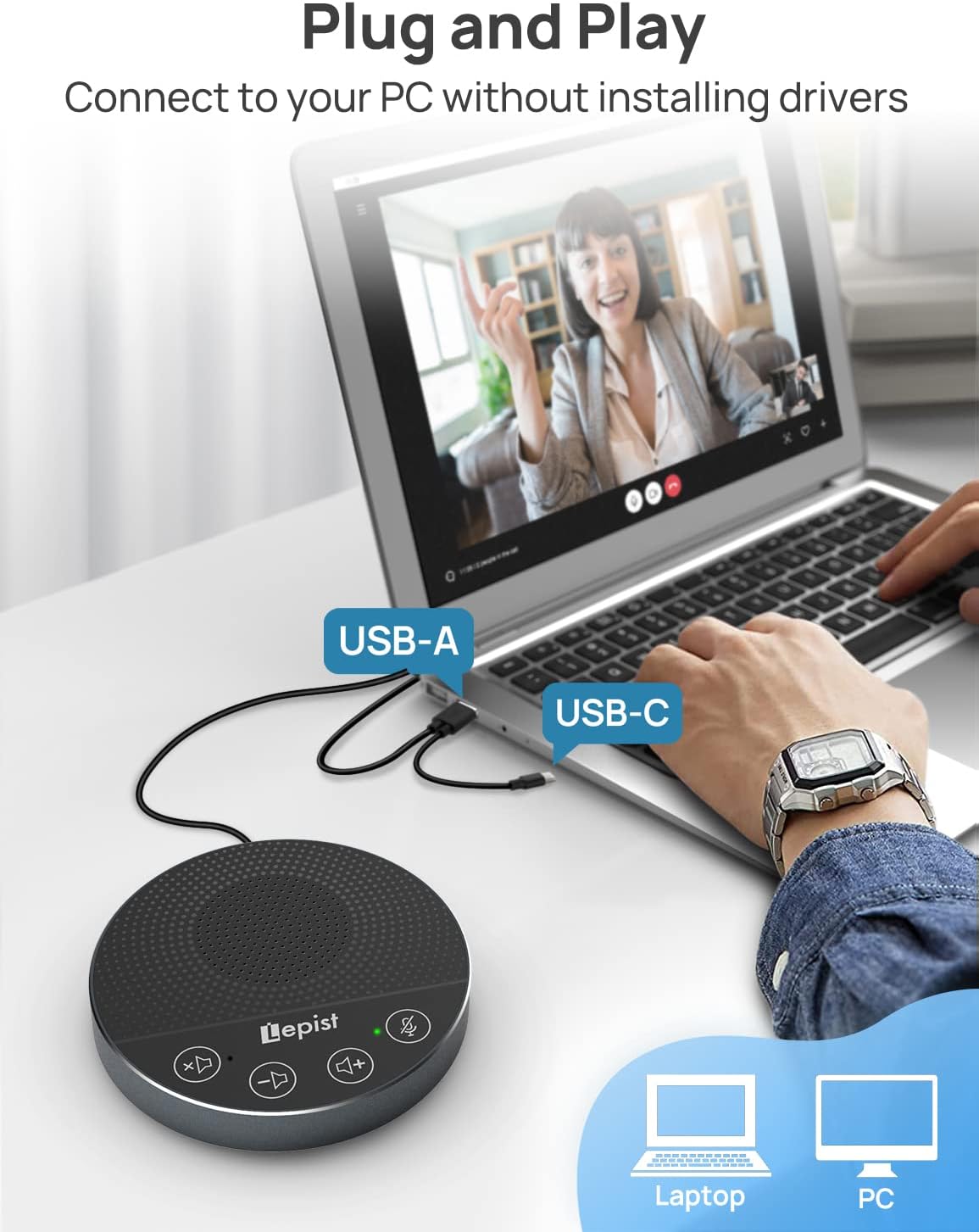 USB Speakerphone with Microphone, 360° Voice Pickup B690
