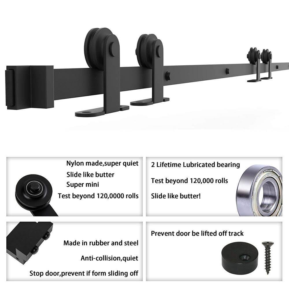 Frosted Black Top Mount Sliding Barn Door Hardware Track Kit for Double Doors with Non-Routed Floor Guide X6918
