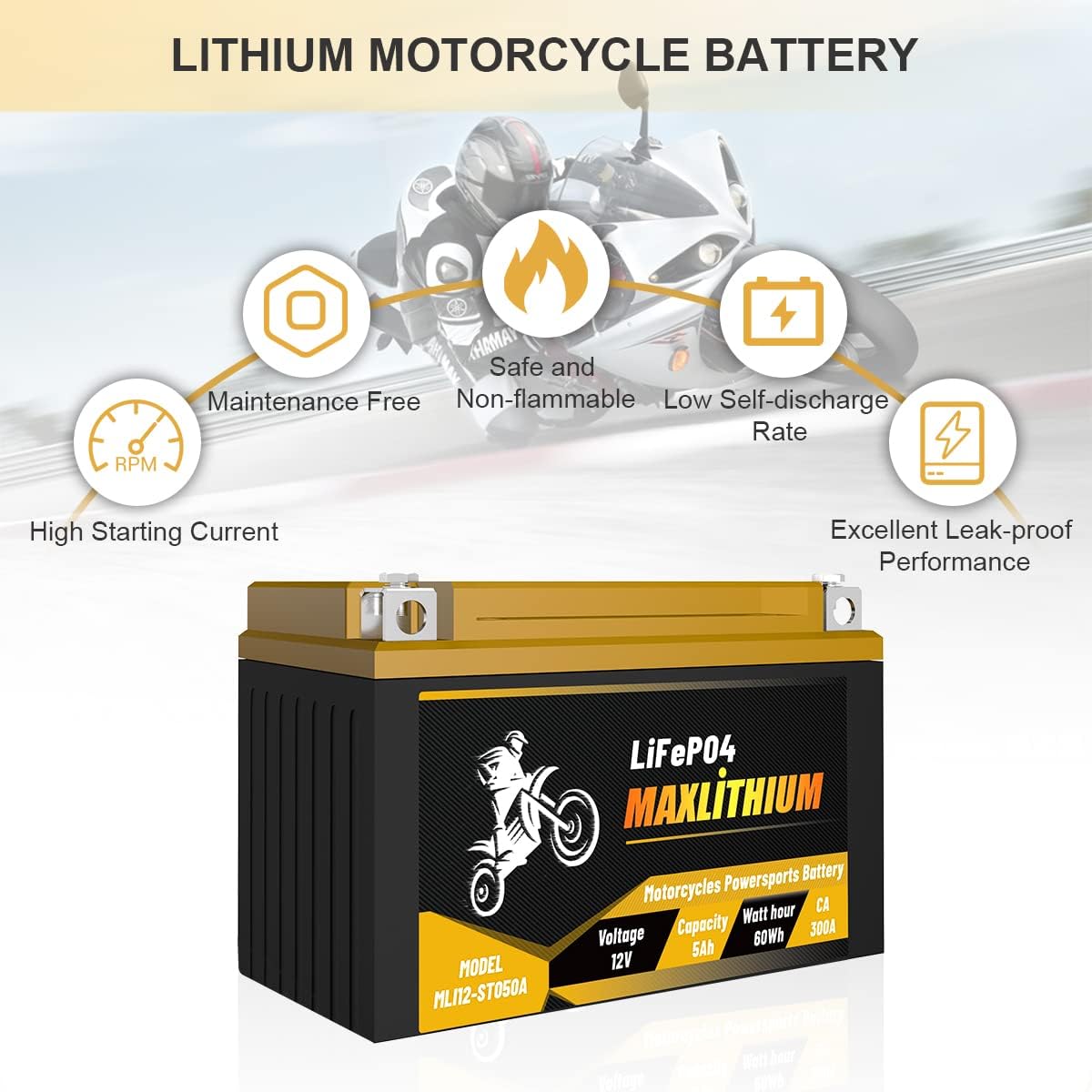 12V 5Ah 300A Lithium Powersports Battery with Battery State-of-charge Indicator R669