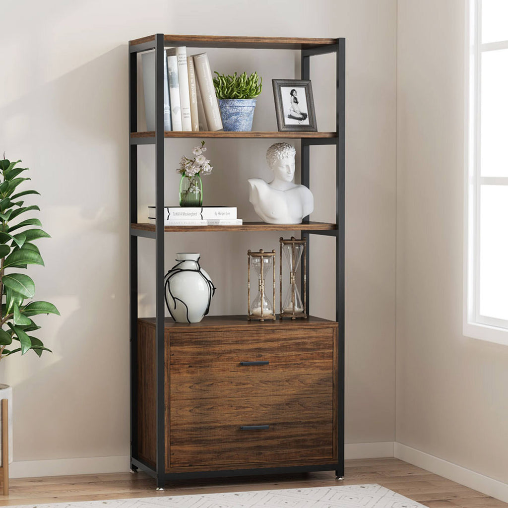Black Bookcase with 2 Drawers Storage Cabinet Display Shelves A804133