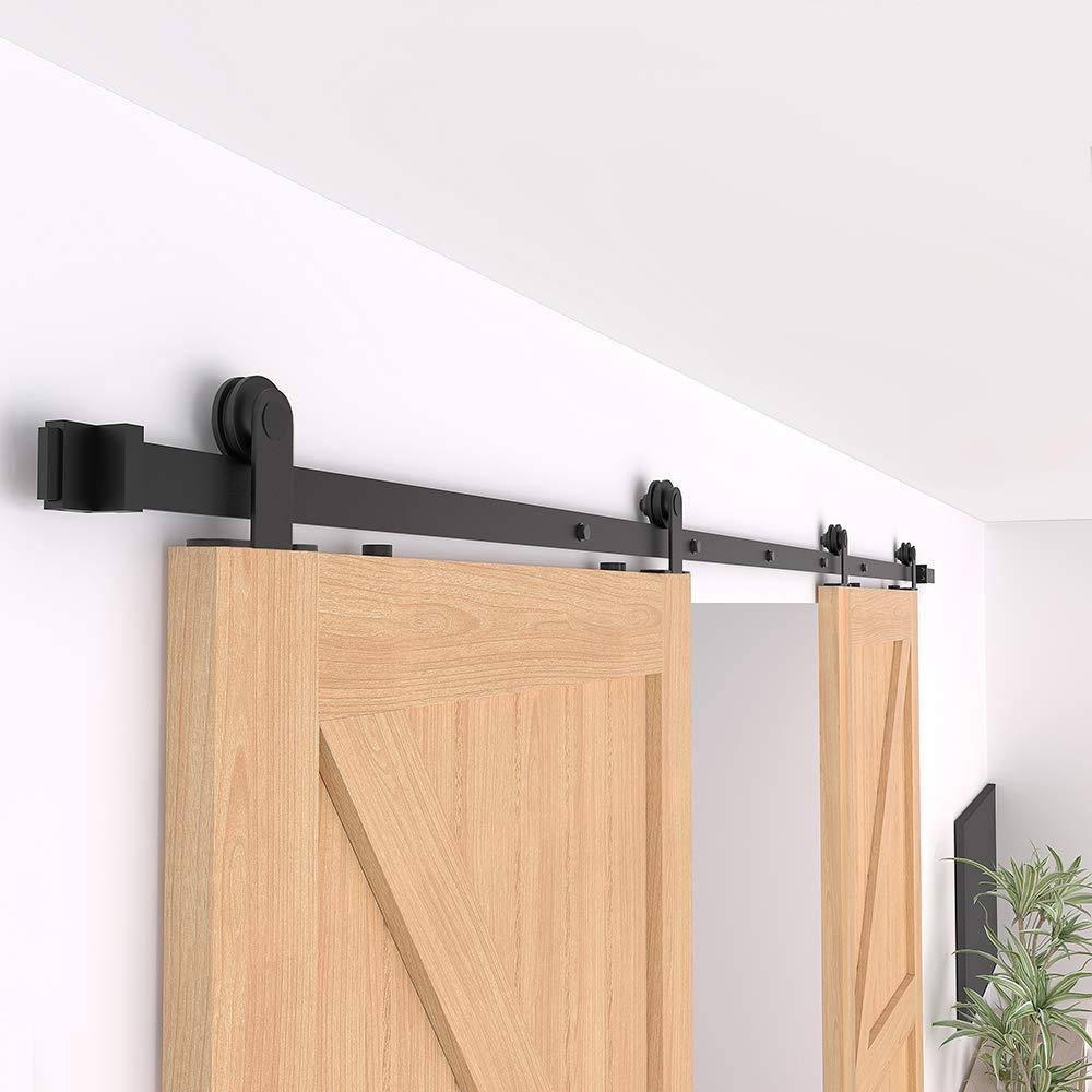 Frosted Black Top Mount Sliding Barn Door Hardware Track Kit for Double Doors with Non-Routed Floor Guide X6918