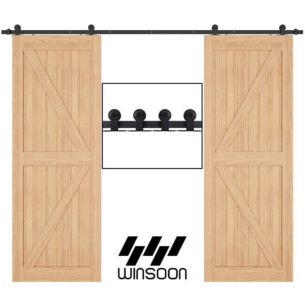 Frosted Black Top Mount Sliding Barn Door Hardware Track Kit for Double Doors with Non-Routed Floor Guide X6918