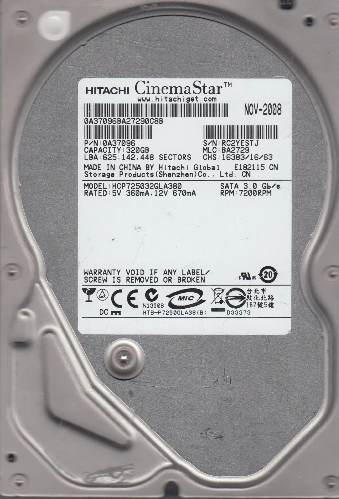 320GB SATA 3.5 Hard Drive H489