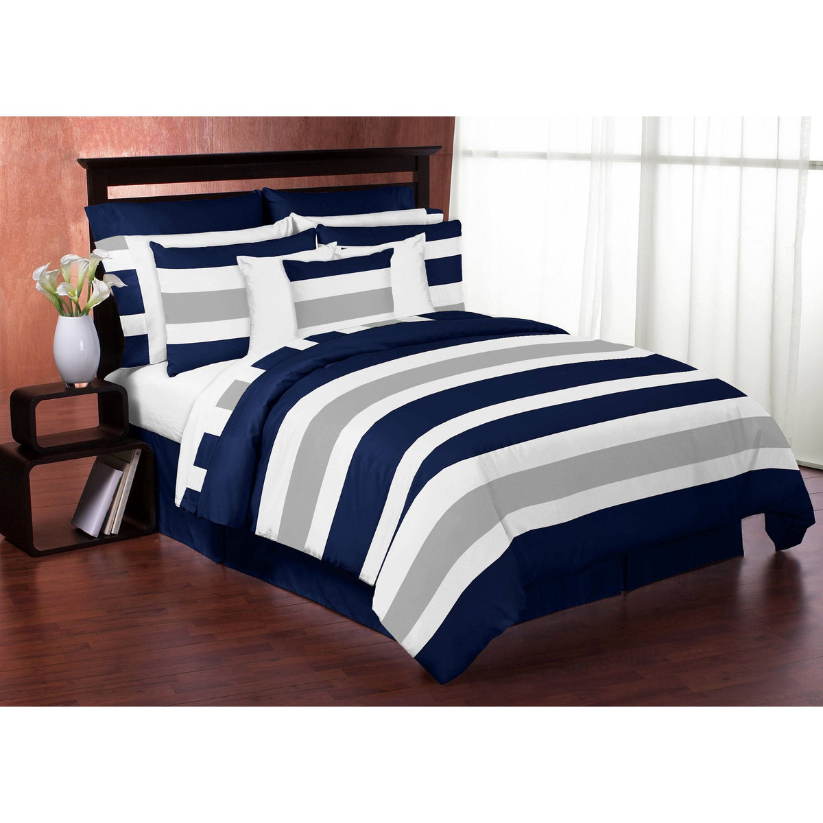 Navy Gray Stripe Bedding Set Twin 4pc E828