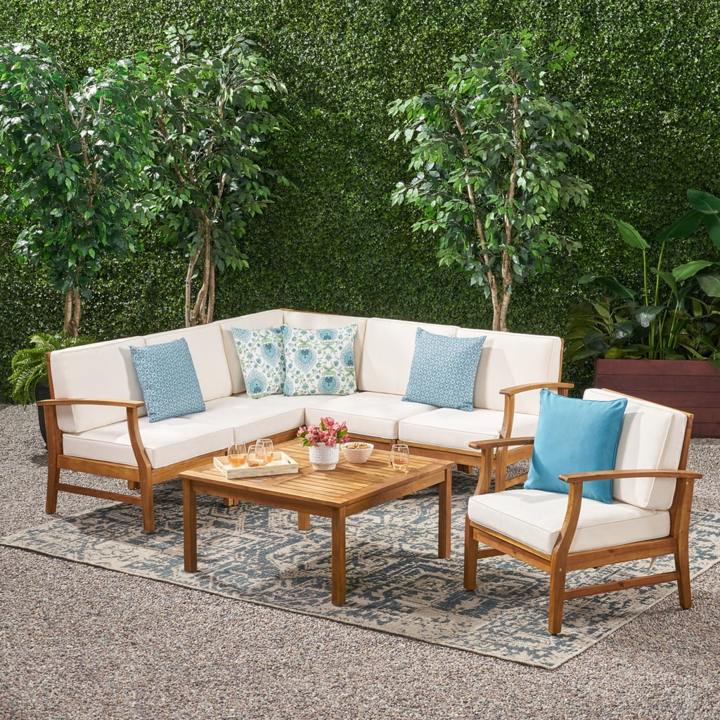 Teak and Cream Acacia Wood 6 Seater Sectional Sofa and Club Chair Chat Set with Cushions C844023