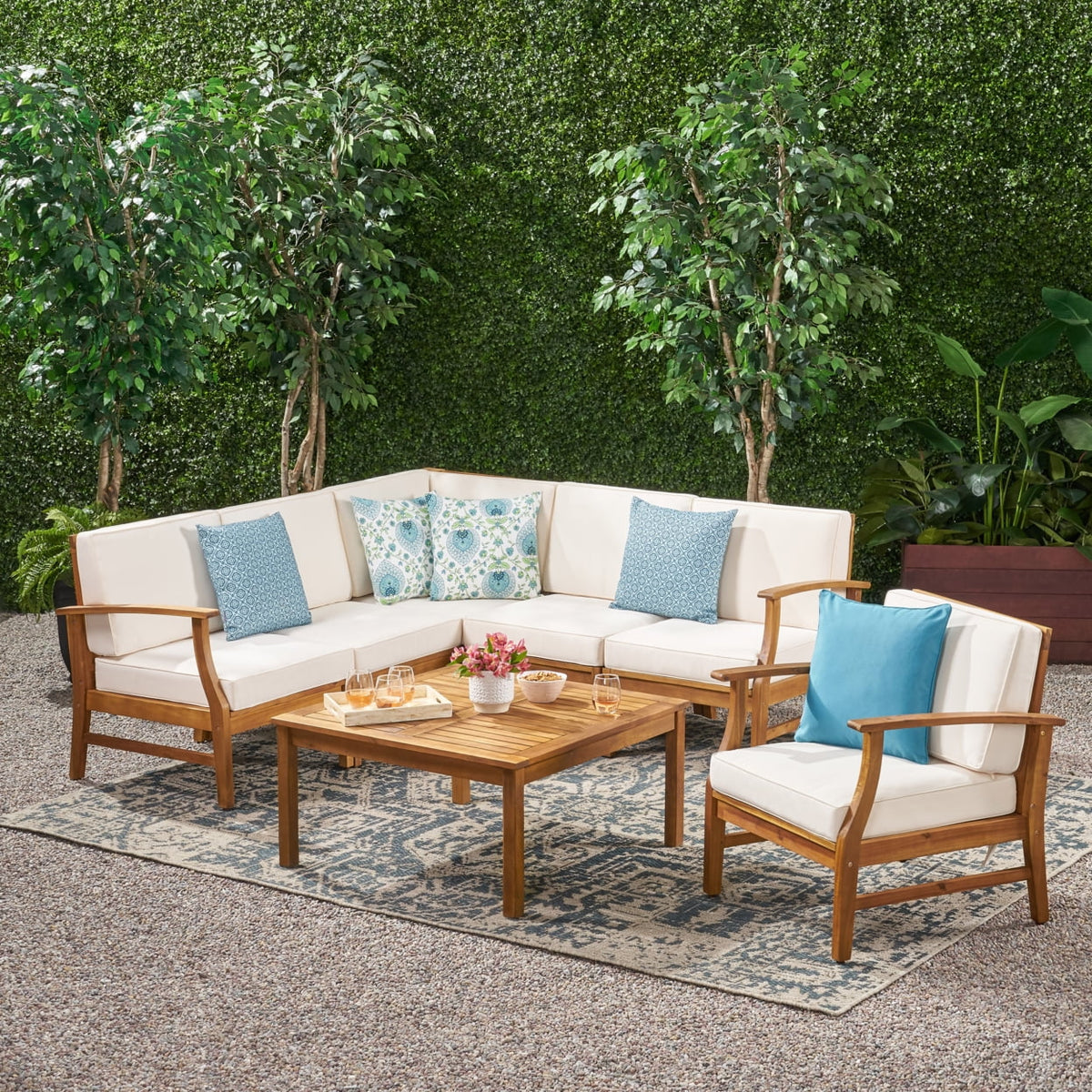 Teak and Cream Acacia Wood 6 Seater Sectional Sofa and Club Chair Chat Set with Cushions C844023