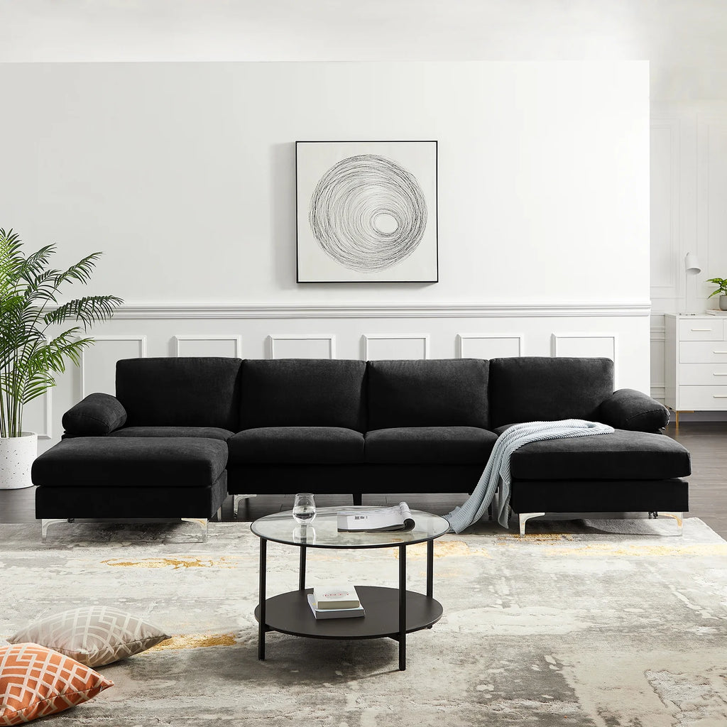 Black Polyester L-Shaped Sectional Sofa with Ottoman D3470