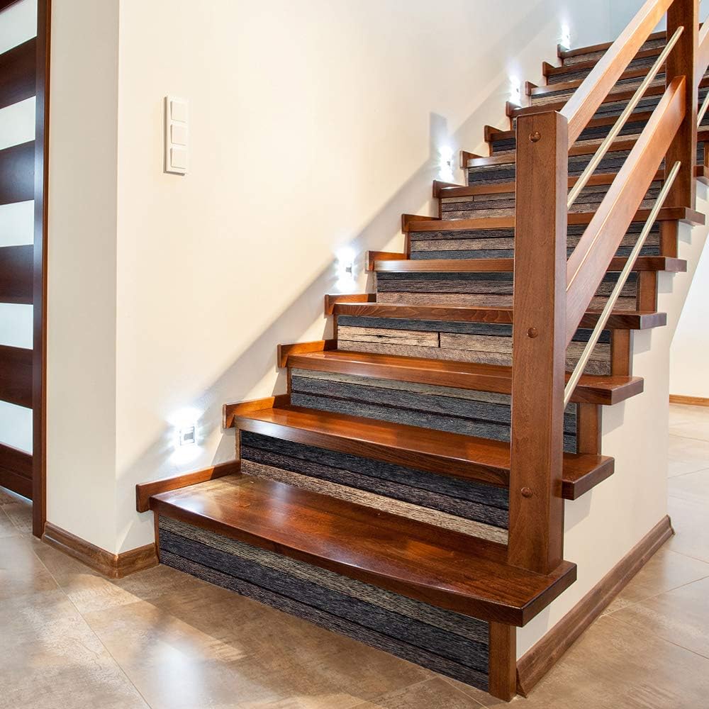 14 PCS Self Adhesive Vinyl Stair Risers Staircase Decals, Faux Weathered Rustic Wood, Pack of 2 P673