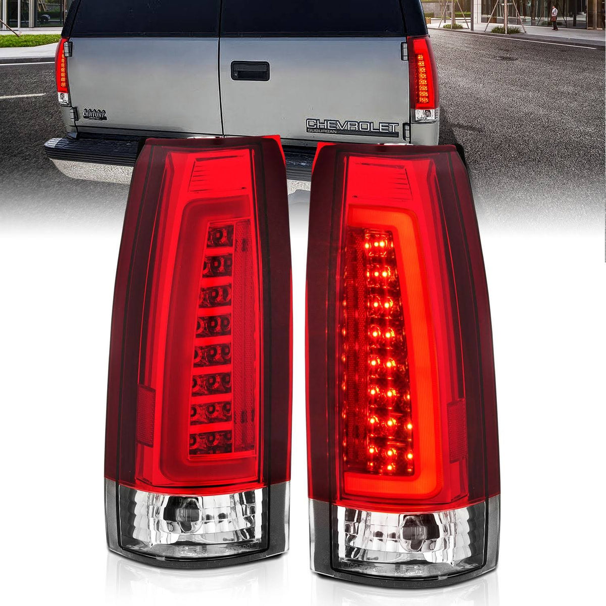 LED Tail Light Assembly Pair with Chrome Housing and Red/Clear Lens W1397