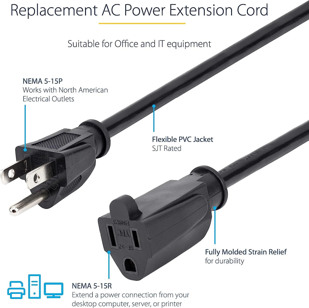 20 ft 16 AWG Power Extension Cord, NEMA 5-15R to NEMA 5-15P, 125V 13A SJT M512868