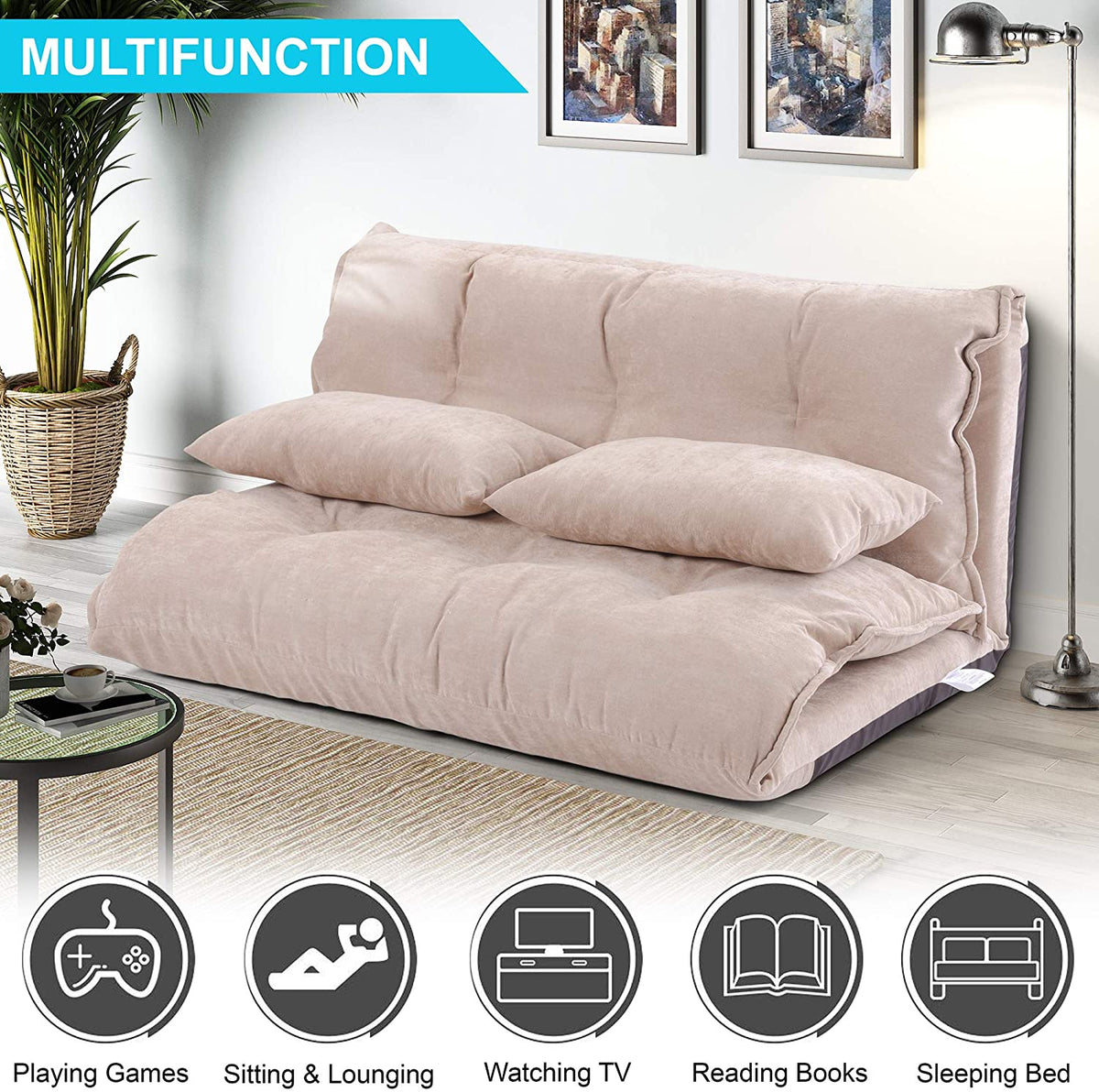 Beige Adjustable Floor Sofa Bed with 2 Pillows O50120