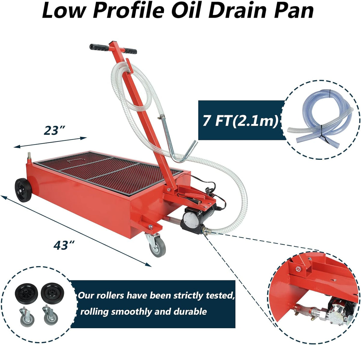 Low Profile Oil Drain Pan 17 Gallon Portable with 12V DC Centrifugal Electric Pump and 7 FT Hose C62469