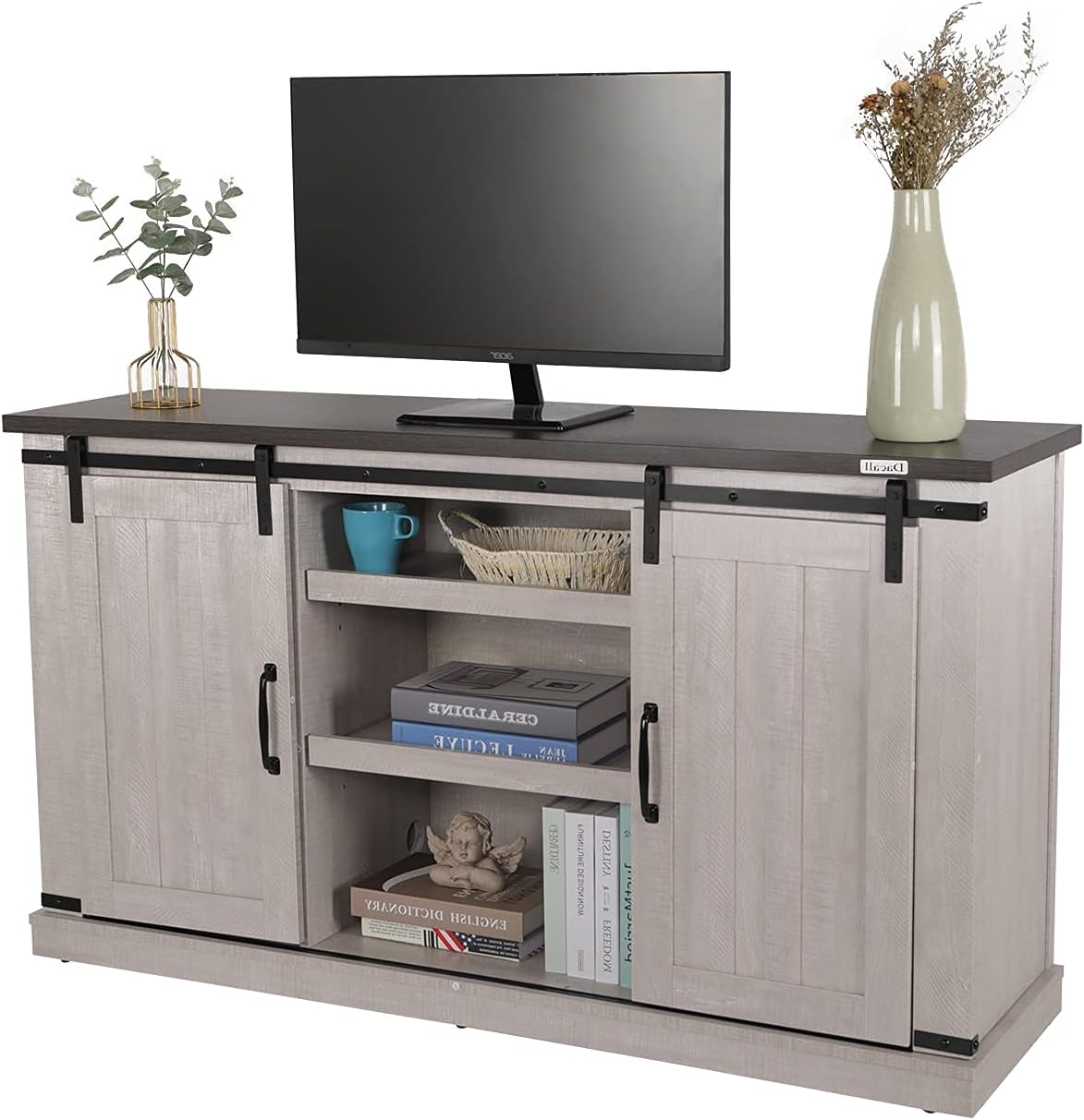 Farmhouse TV Stand with Double Sliding Barn Door Storage Cabinet W86250
