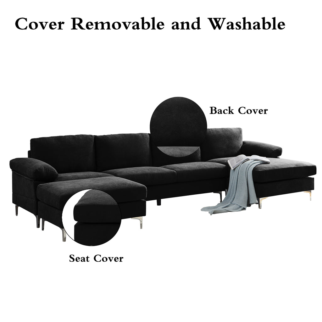Black Polyester L-Shaped Sectional Sofa with Ottoman D3470