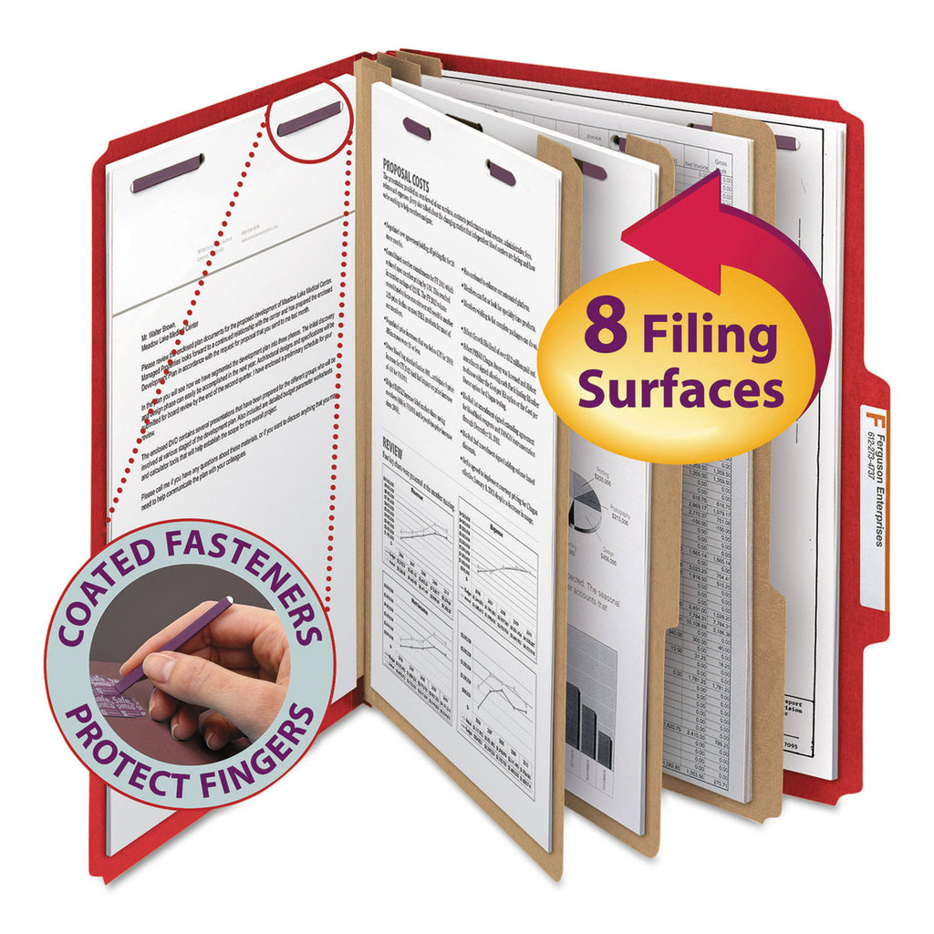 Bright Red Letter Size Classification Folders with Fasteners, 10/Box X8707