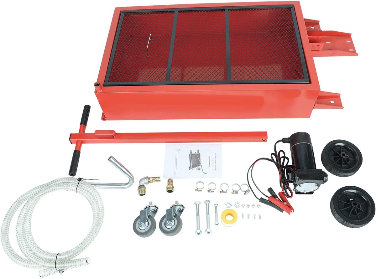 Low Profile Oil Drain Pan 17 Gallon Portable with 12V DC Centrifugal Electric Pump and 7 FT Hose C62469