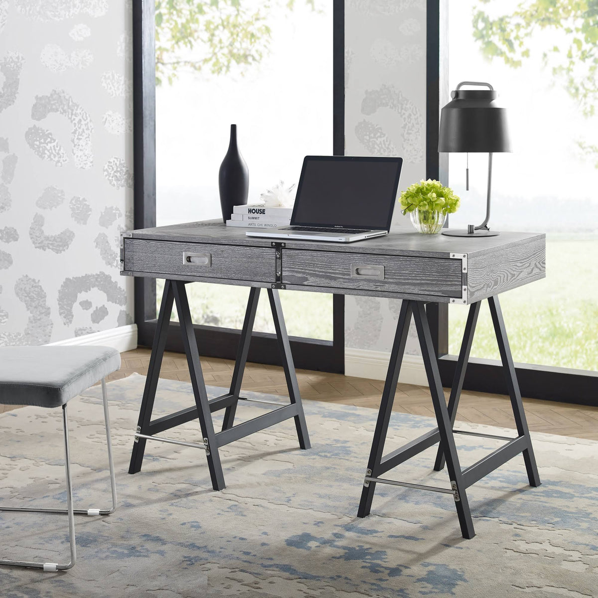 Grey Writing Desk with Oak Veneer Finish and Powder Coated Black Base P948