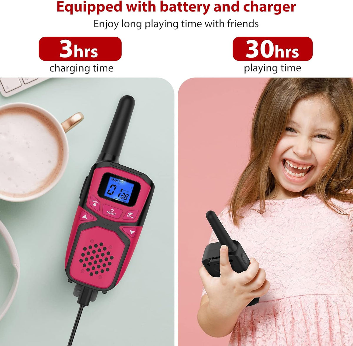 4 Pack Rechargeable Walkie Talkie, 3 Miles Range (Blue Pink Green Orange) R20114