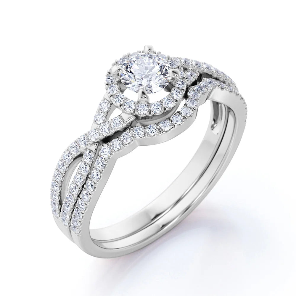 10k White Gold Diamond Halo Wedding Ring Set P16794