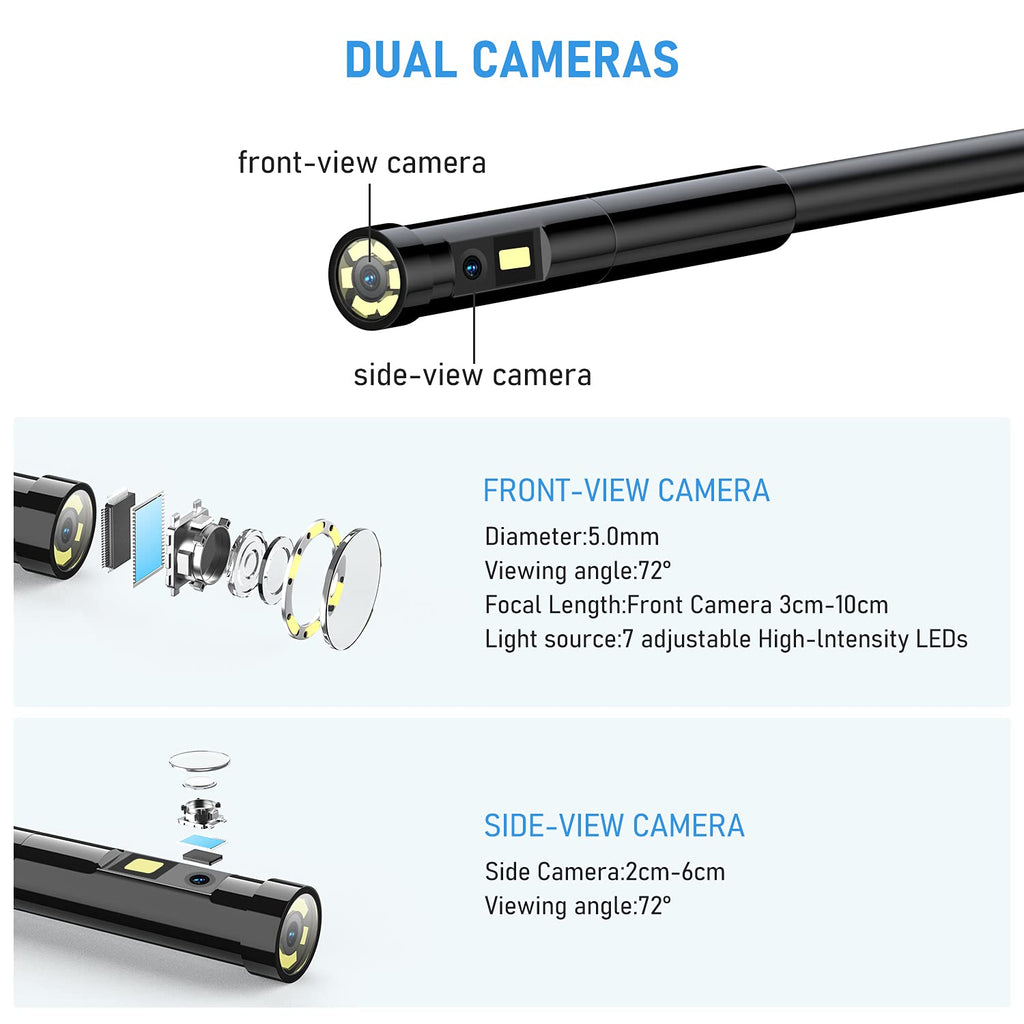 Dual Lens Endoscope Camera 1080P 5.18 IPS Screen 5mm IP67 Waterproof Snake Camera with 7 LED Lights 32GB Card 16.5FT S62775