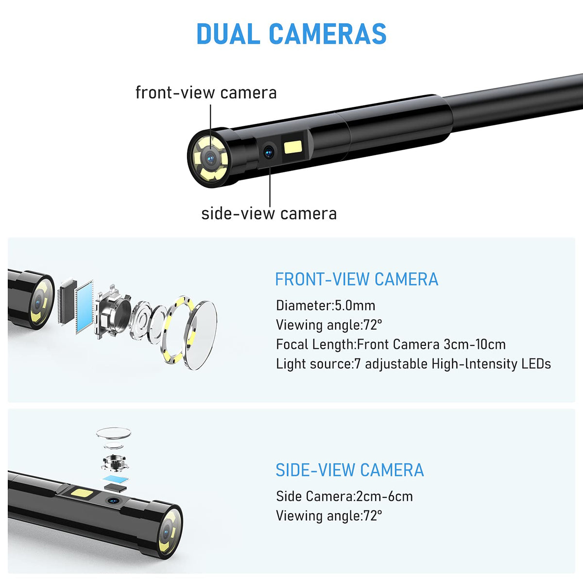 Dual Lens Endoscope Camera 1080P 5.18 IPS Screen 5mm IP67 Waterproof Snake Camera with 7 LED Lights 32GB Card 16.5FT S62775