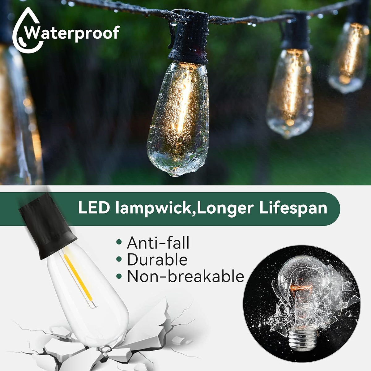 60FT 2 Pack Outdoor String Lights LED Patio Lights Waterproof with 32 Large Vintage Bulbs B73513