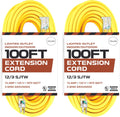 2 Pack 100 Foot Lighted Outdoor Extension Cord - 12/3 SJTW Heavy Duty Yellow Extension Cable with 3 Prong Grounded Plug, 15 AMP A7408
