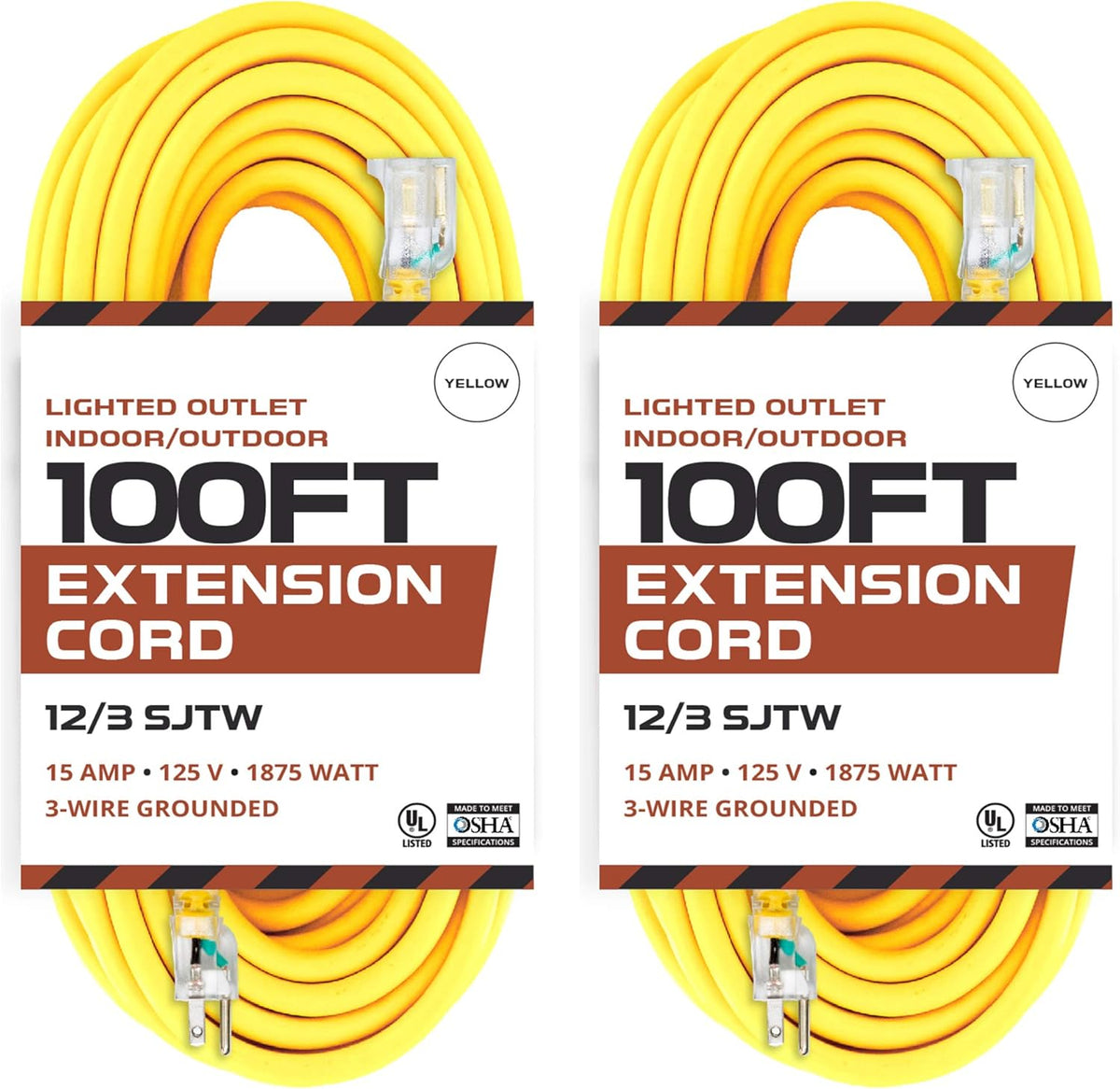 2 Pack 100 Foot Lighted Outdoor Extension Cord - 12/3 SJTW Heavy Duty Yellow Extension Cable with 3 Prong Grounded Plug, 15 AMP A7408