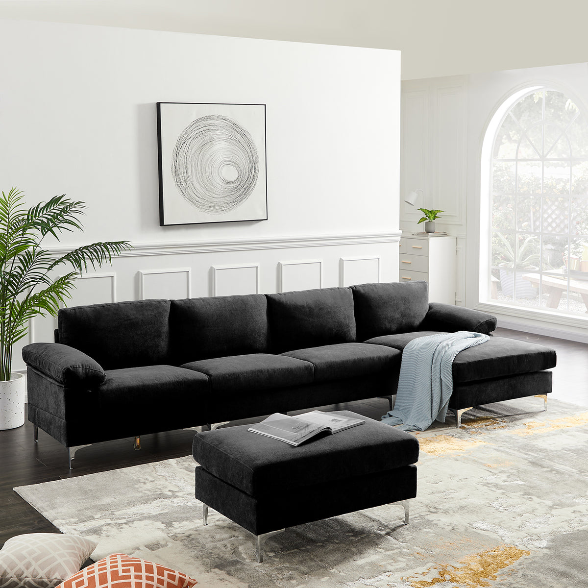 Black Polyester L-Shaped Sectional Sofa with Ottoman D3470