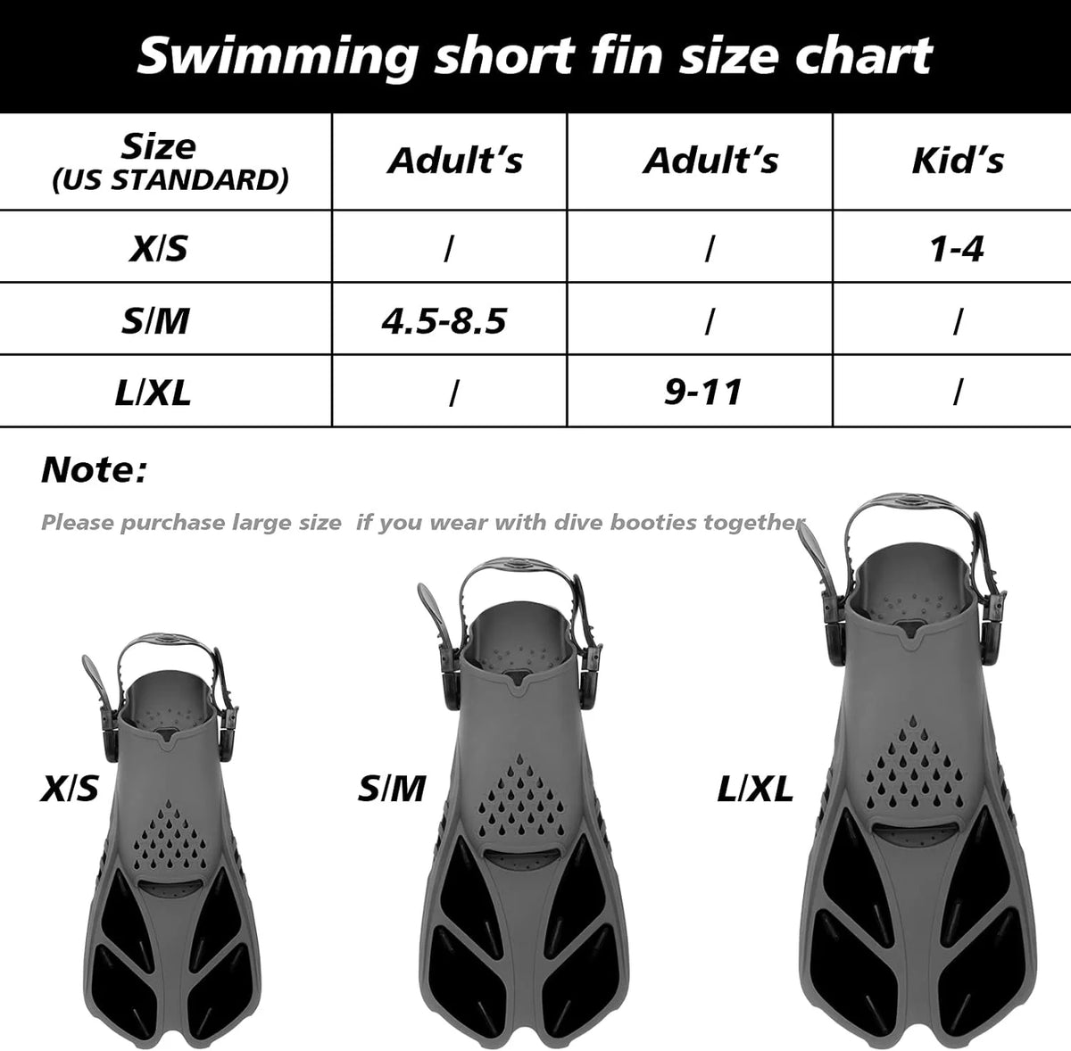 Black Short Snorkel Fins with Adjustable Buckles, L/XL U48660