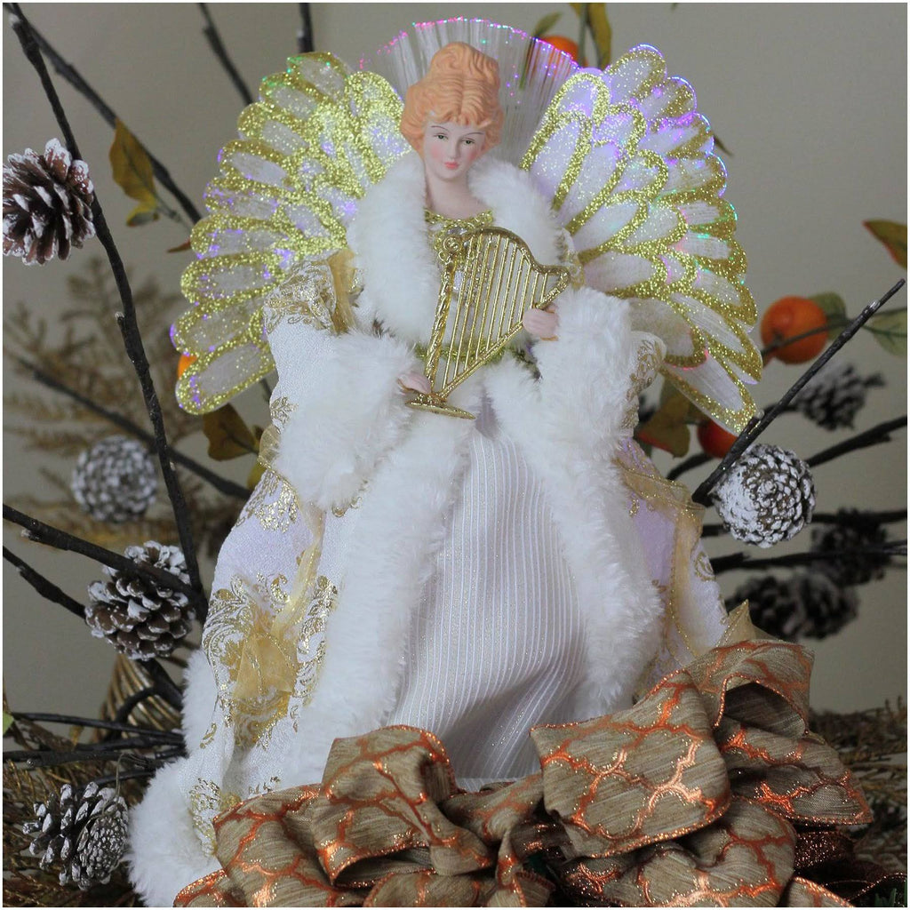 12x22 Lighted Fiber Optic Angel in Gold and Cream Gown with Harp Christmas Tree Topper G5462